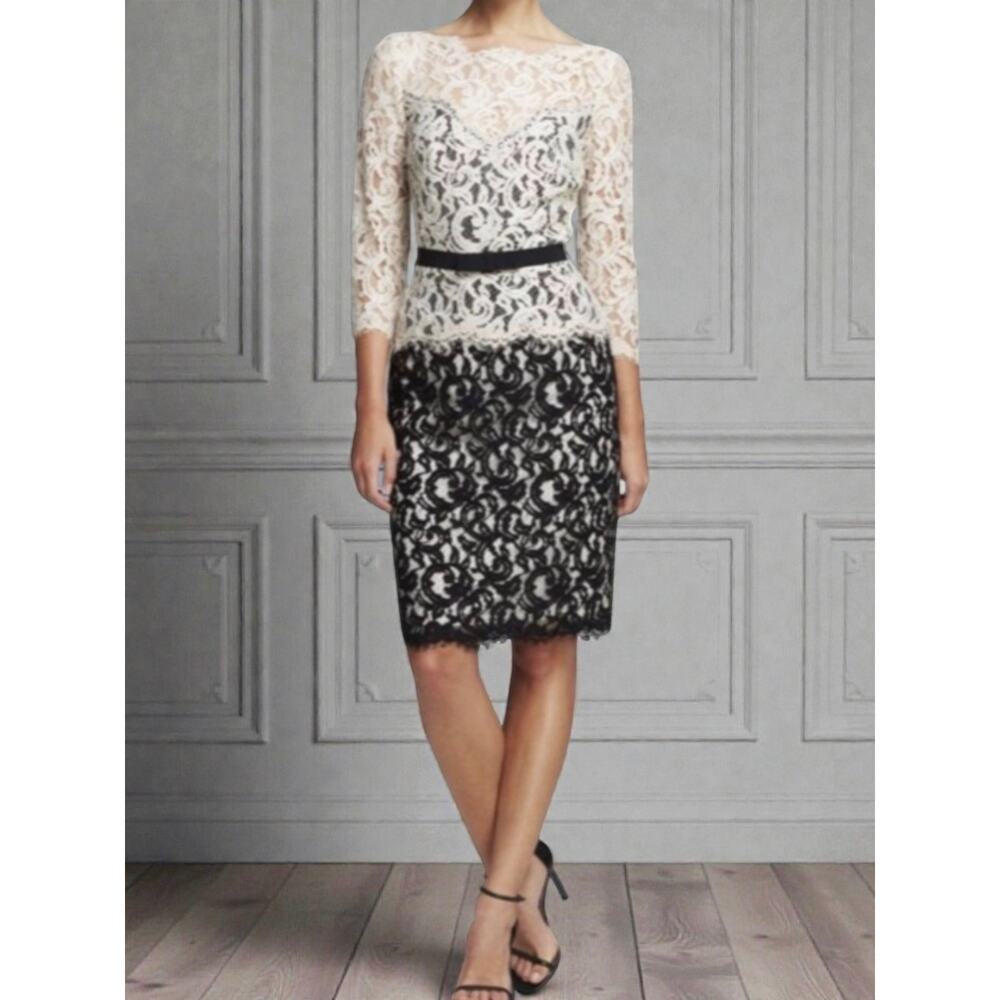 Tadashi Shoji Illusion Lace Sheath Midi Dress Womens 12P Cream Black Cottagecore